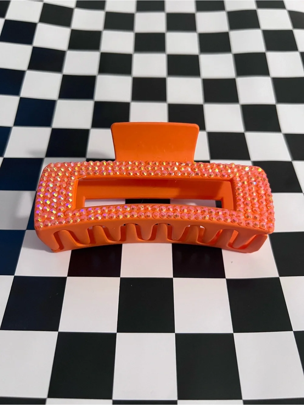 Hand Bedazzled Neon Orange Rhinestone Claw Clip Adult Double-Sided Sparkle